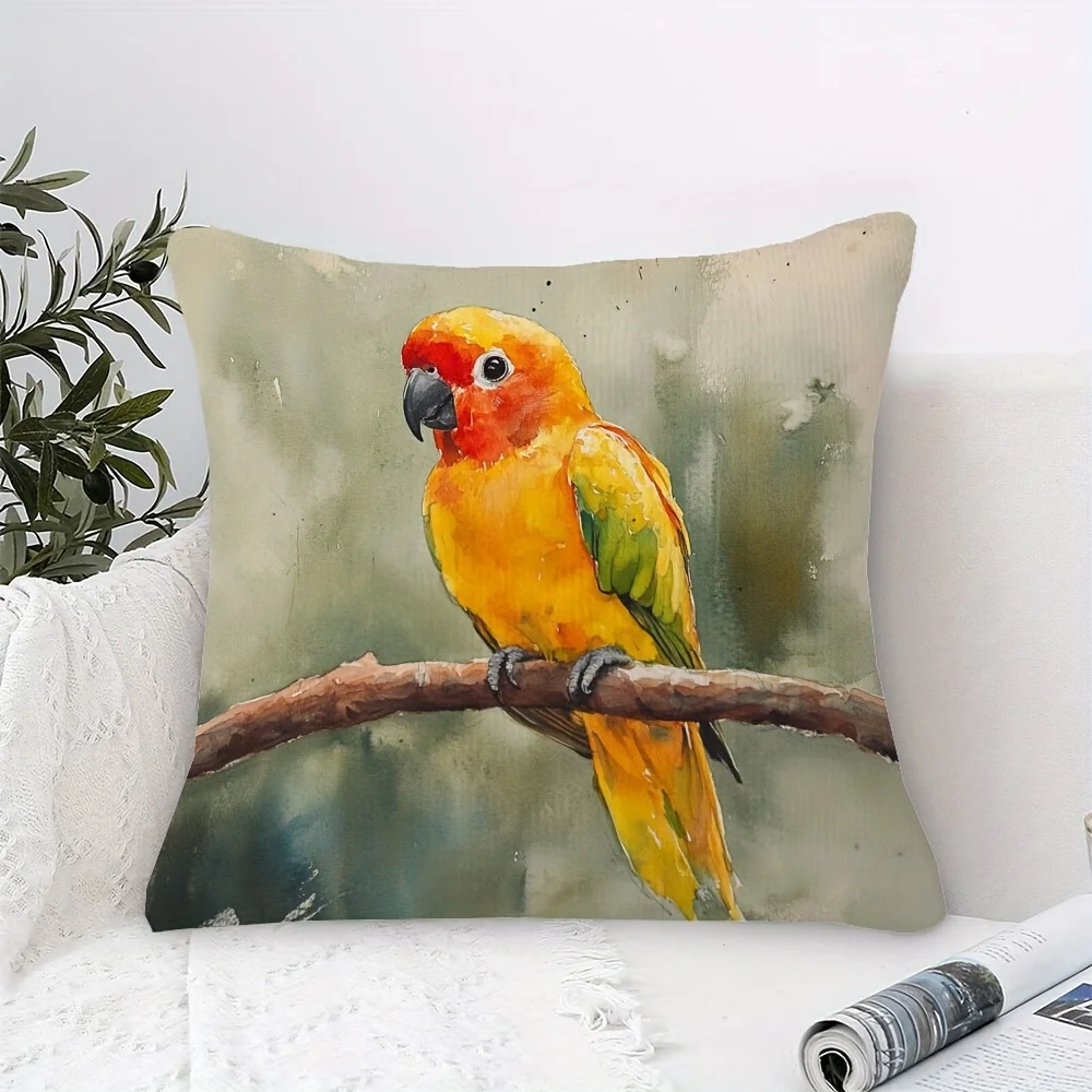 Double Sided Sun Conure Watercolor Parrot Decorative Throw Pillow Case Tropical Bird Art Painting Cushion Cover for Sofa Home