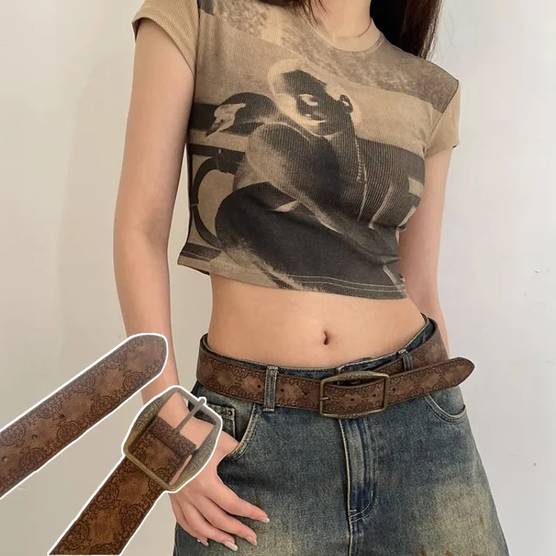 Vintage Printed Belt Ethnic Style Belt Versatile PU Leather Fashion Girdle Women's Y2K Style Pin Buckle Belt Jeans Waistband