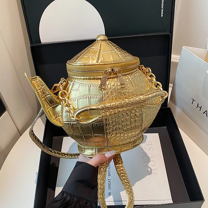 

Personality Teapot Shape Crossbody Bag Creative Handbag Phone Purse Gold Silver Clutch Bag Lady Alligator Shoulder Bag Black