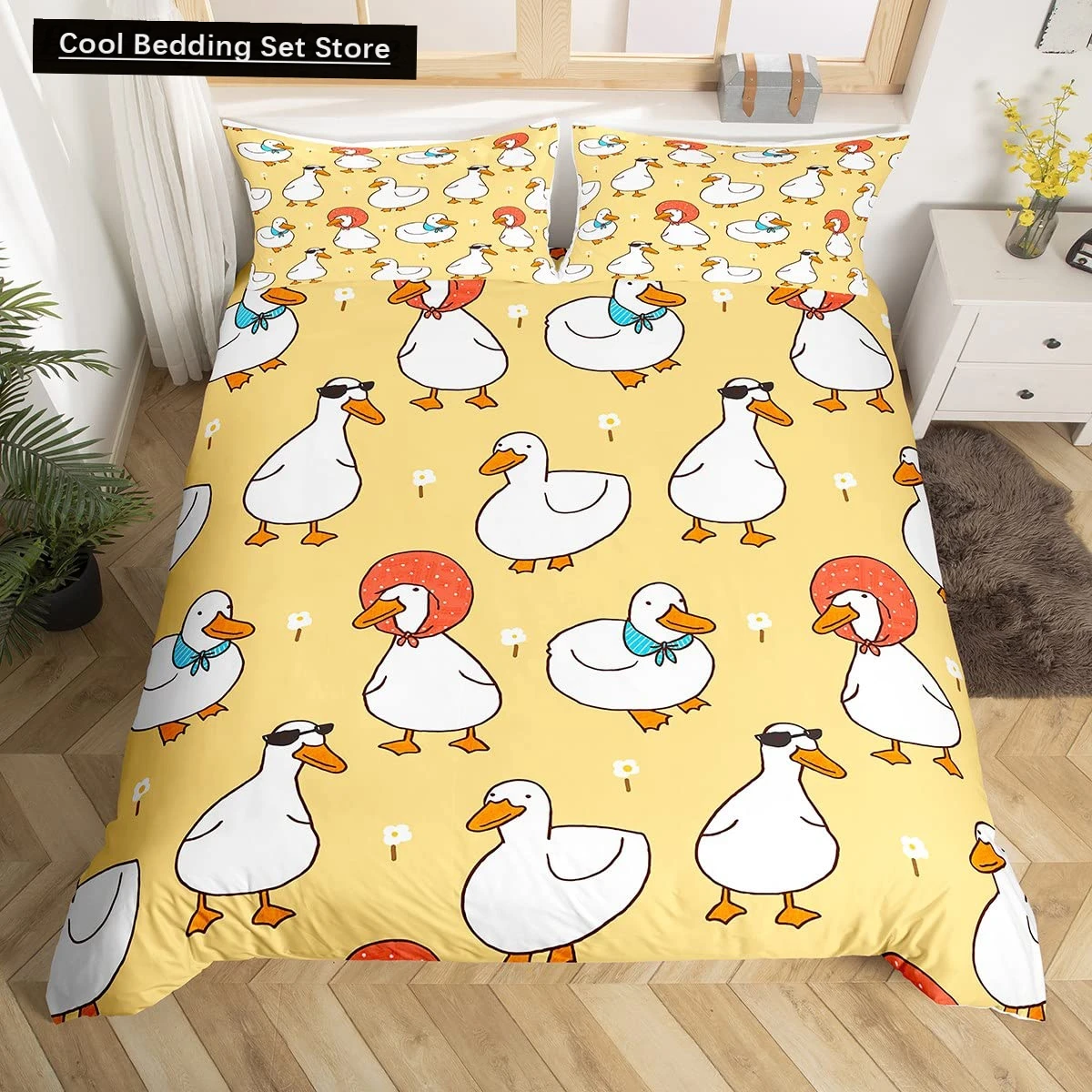 Cute Duck King Queen Duvet Cover Cartoon White Goose Bedding Set Funny Farmhouse Animal Comforter Cover Polyester Quilt Cover