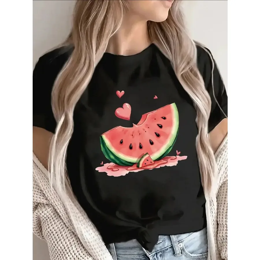 Polyester Short Sleeve T-Shirt with Watermelon Print Casual Summer Top for Women Lightweight and Breathable Perfect for Outdoor