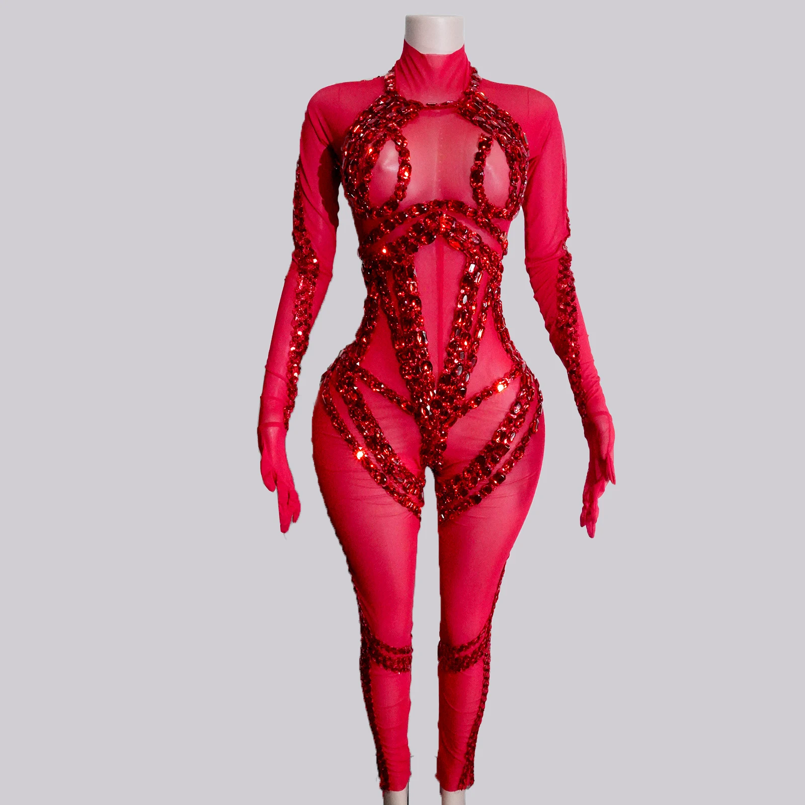 

Luxury Rhinestones Red Sequins Mesh Jumpsuits Women Sexy Eveing Drag Queens Costume Festivals Outfit NightClub Dance Shows Stage