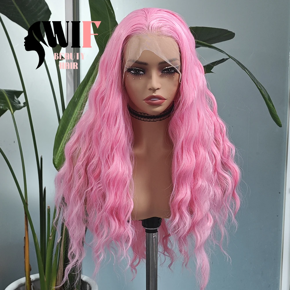 WIF Pink Wave Synthetic Wig Natural Hairline Loose Wavy Pink Hair Heat Resistant Fiber Lace Front Wigs Cosplay Makeup Pink Wig