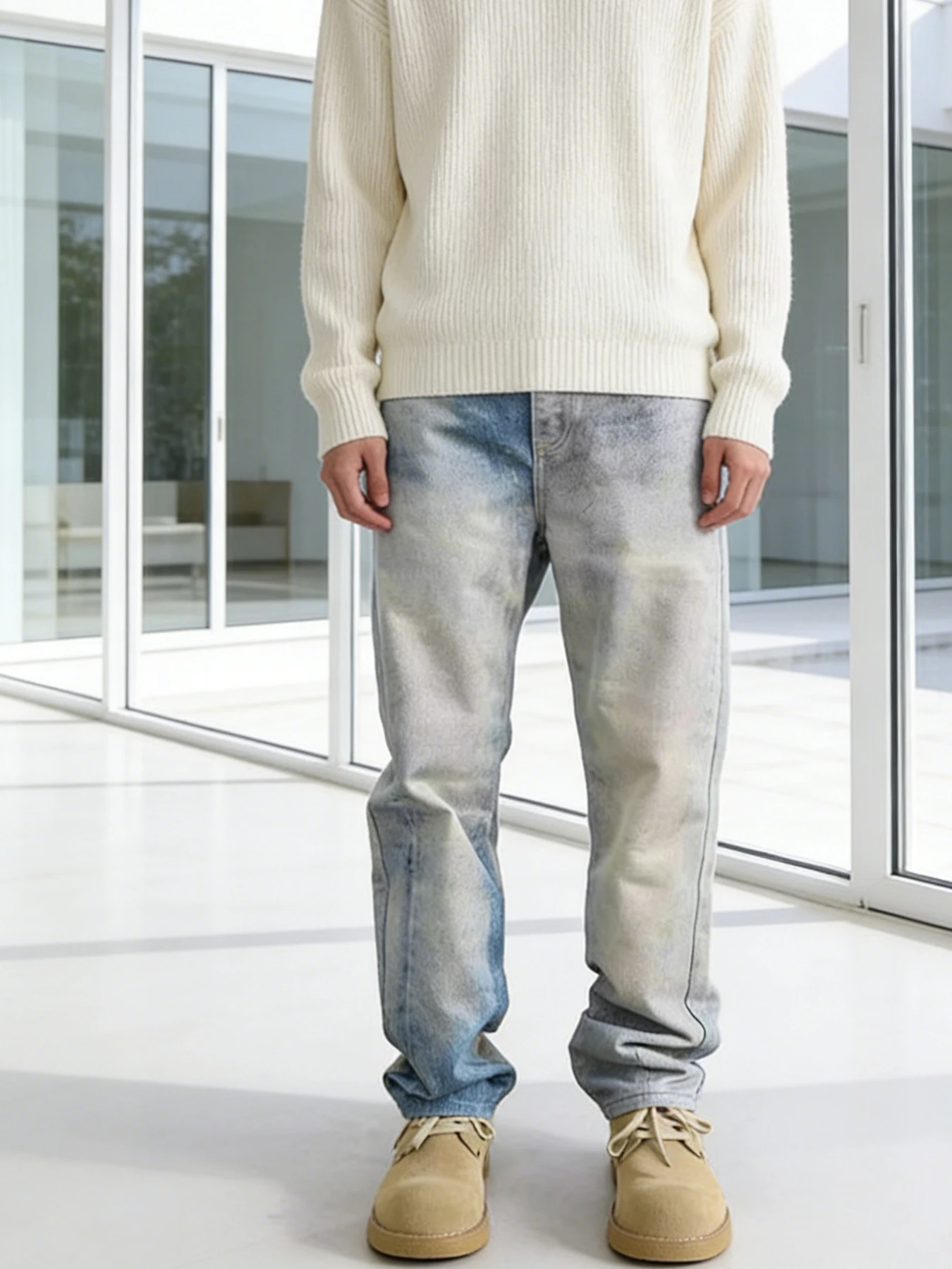 Niche design sense cloud gradient straight-leg jeans for men, light blue distressed, loose and drapey high street pants