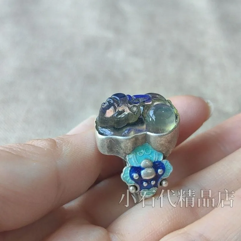 Vintage Pixiu Ring with Antique Recycle Patina, Inlaid Color Changing Gemstone Adjustable Collectible Finger Jewelry
