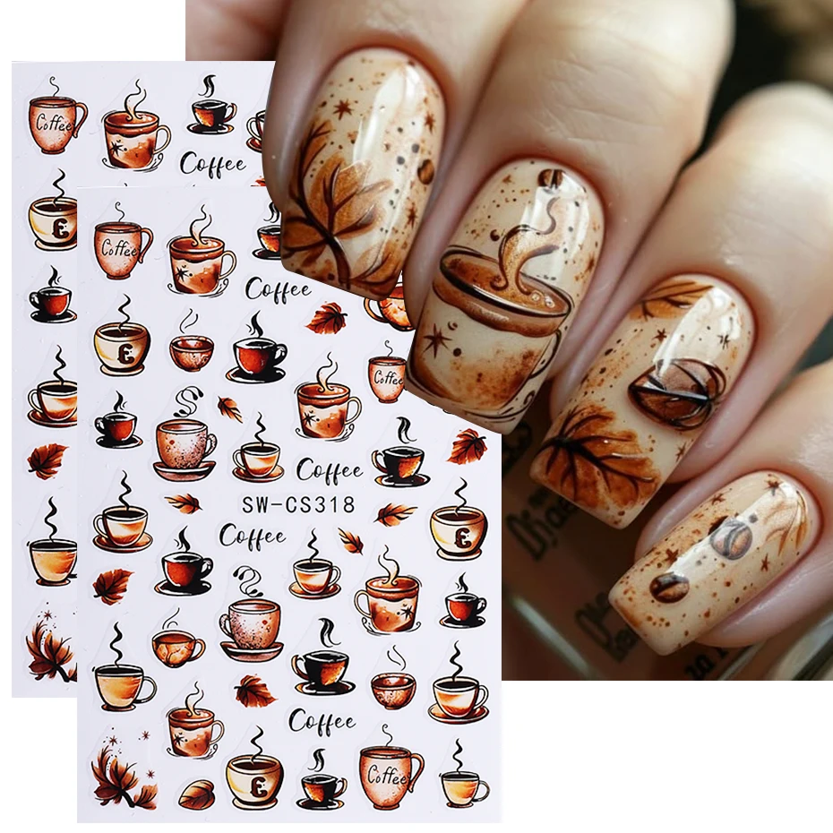 2 stuks retro nagelstickers 3D herfst esdoornblad koffie patroon zelfklevende nagelstickers DIY eenvoudige manicure decoratie sliders