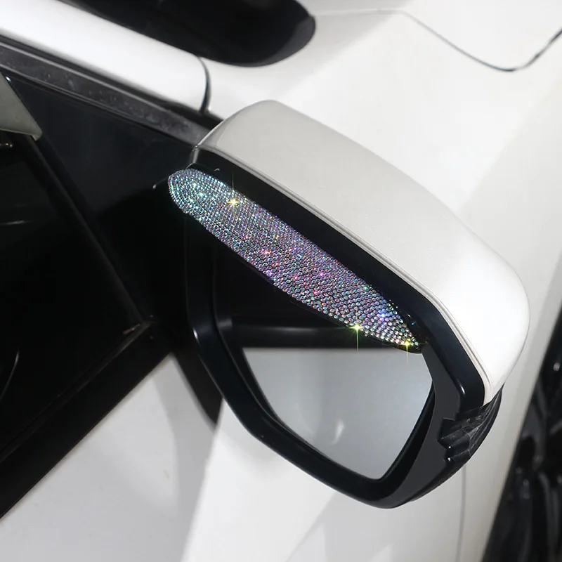 2 Car Side Rear View Mirror Rain Eyebrow Visor Bling Rhinestones Look Sun Shade Snow Guard Weather Shield Cover Auto Accessories