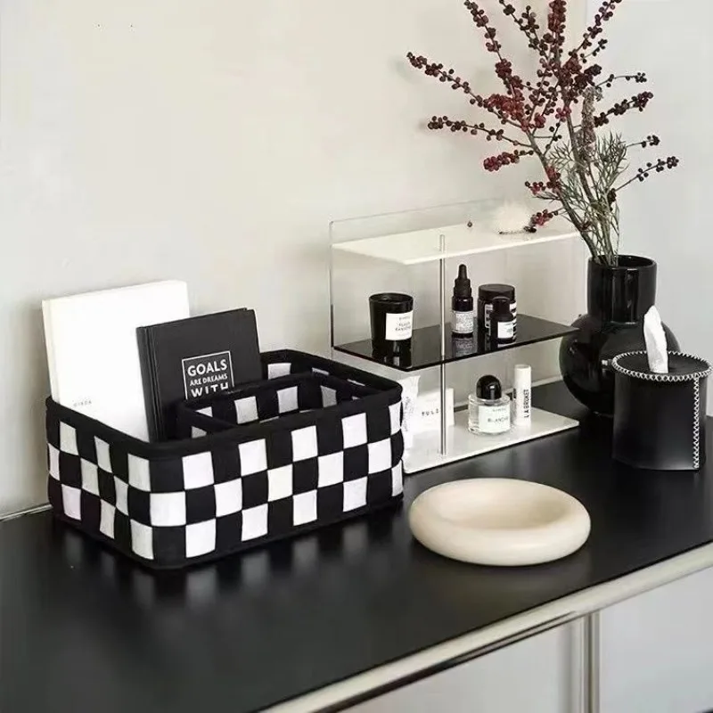 Clothes Miscellaneous Items Felt Storage Basket Cosmetics Desktop Weaving Black White Checkered Toy Miscellaneous Storage Box