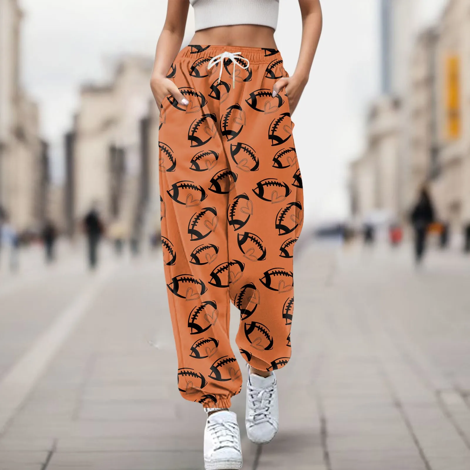 

Women's Rugby Print Loose Pocket Ankle Strap High Waisted Sweatpants Casual Pants Stretch Waist Pant Winter Run Pants