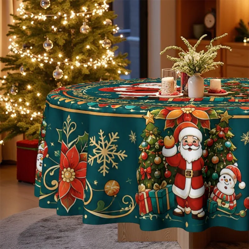 1 tablecloth, Christmas-themed round tablecloth decorated with Santa Claus, snowman, Christmas tree and poinsettia.