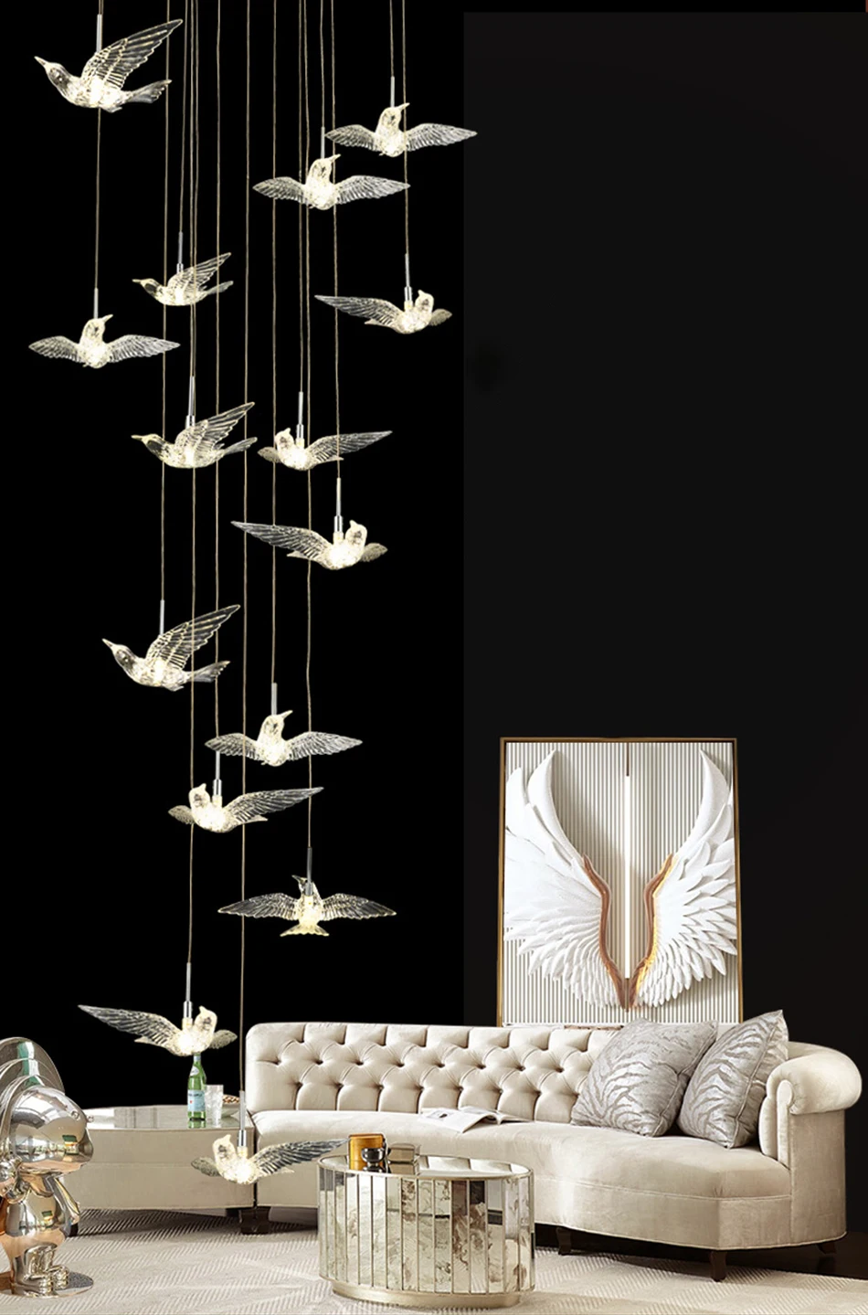 الفاخرة الطيور LED الثريا دوامة الاكريليك مصباح للدرج نجف يُعلق بالسقف تركيبات تصميم طويل لغرفة المعيشة والممر