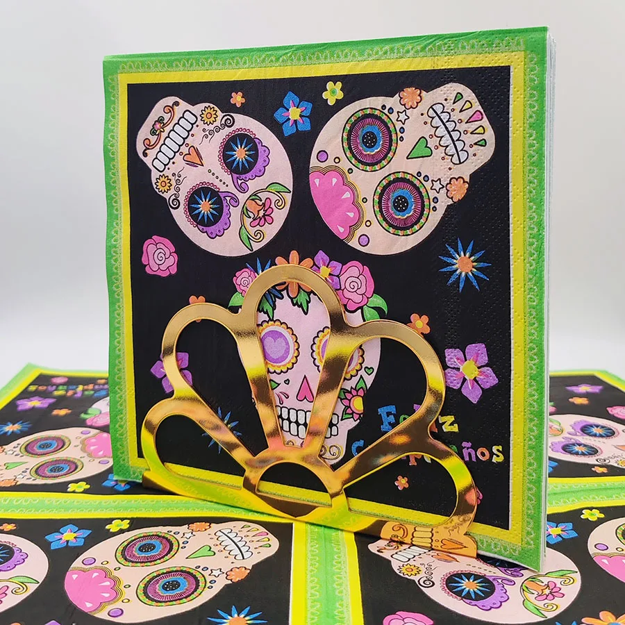 مناديل كالافيرا المكسيكية مقاس 13 بوصة جماجم مكونة من طبقتين مرسومة يدويًا وقطيفة وقماط فيليز |   ديكور طاولة فييستا، مستلزمات دي مورتوس