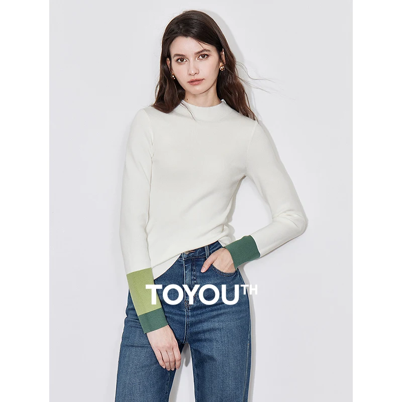 TOYOUTH Women Knitwear 2024 Autumn New Contrasting Color Long Sleeve Turleneck Pullover Slim Fit Tops