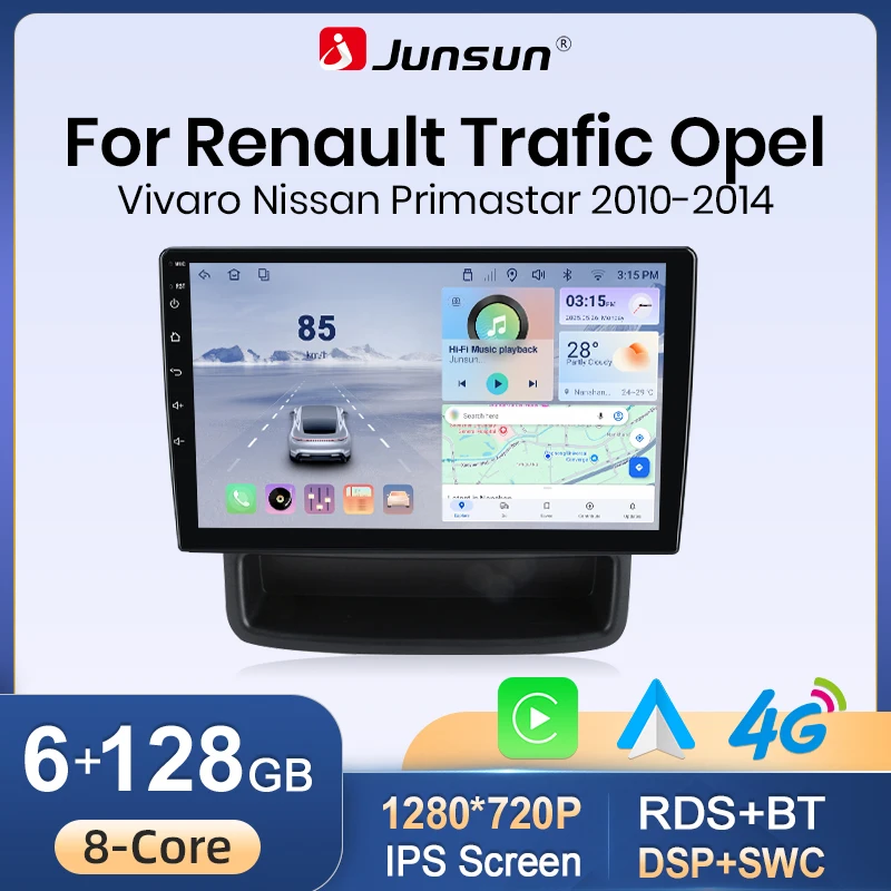 Autoradio sans fil Junsun CarPlay Android Auto pour Renault Trafic 2 Opel Vivaro A Vauxhall Vivaro Nissan Primastar X83 2001-2014, navigation GPS, lecteur multimédia, WiFi, DSP, RDS, Bluetooth, FM, AM, SWC, écran tactile IPS, autoradio stéréo, unité principale