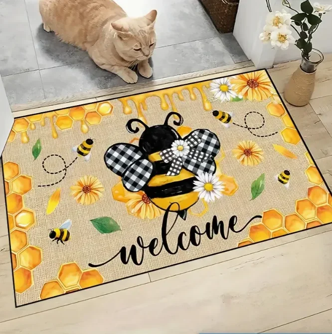 Alfombra de entrada con diseño de margaritas y abejas, alfombra de entrada para exteriores, alfombra suave y antideslizante, adecuada para entrada, dormitorio y decoración del hogar