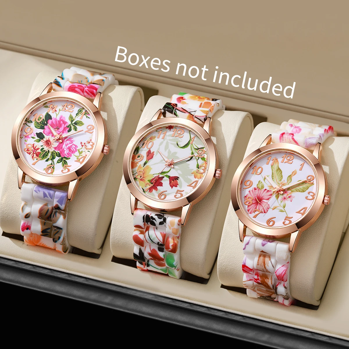 3PCs/Set Women's Silicone Printed Watch Fashion Casual Personalized With Floral Dial Classic Trendy Quartz Watch Combination Set