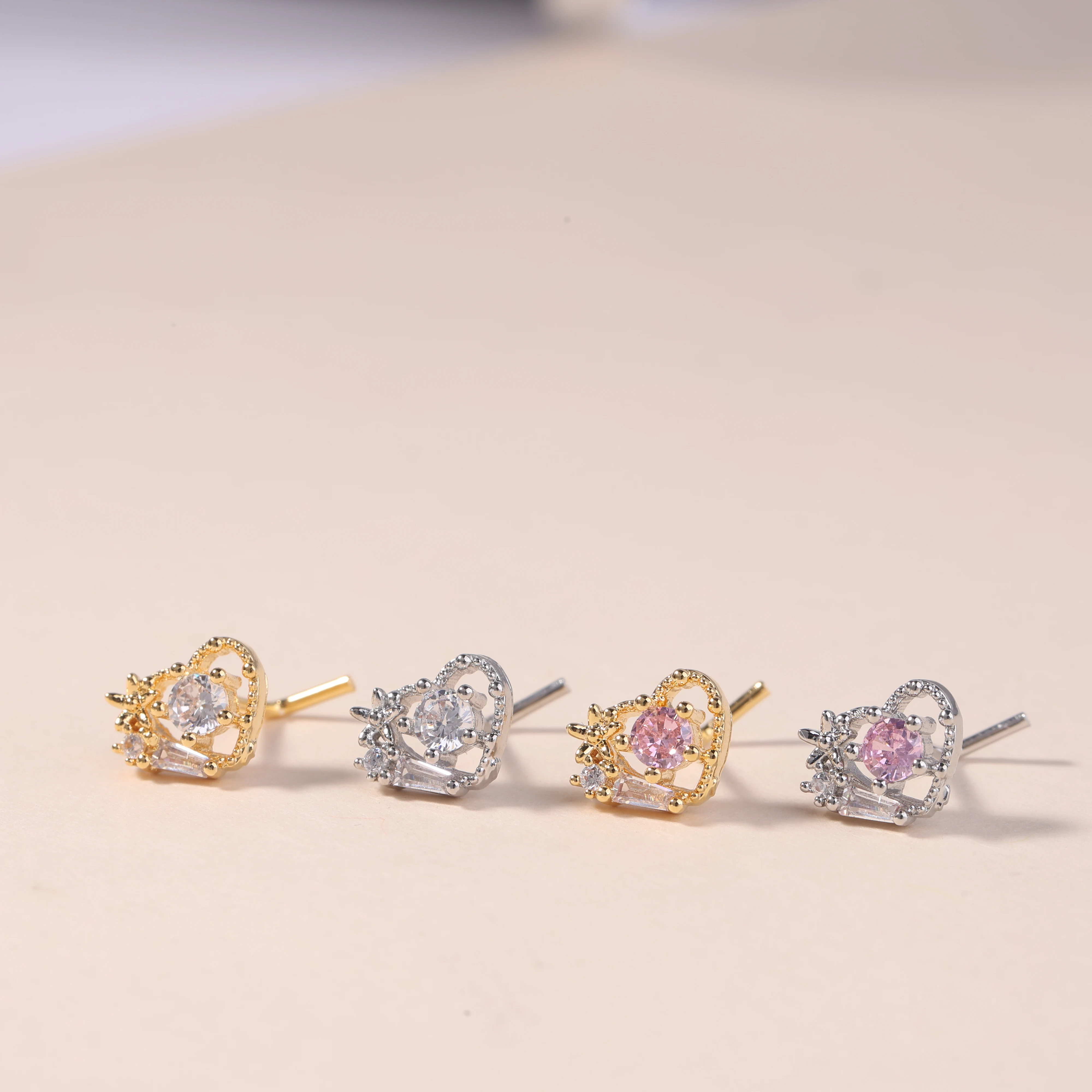 20G L Shaped Nose Studs Rings Cute Pink Heart CZ Shiny Love Stone Gold Silver Color Nose Piercing for Women Girl Nostril Jewelry