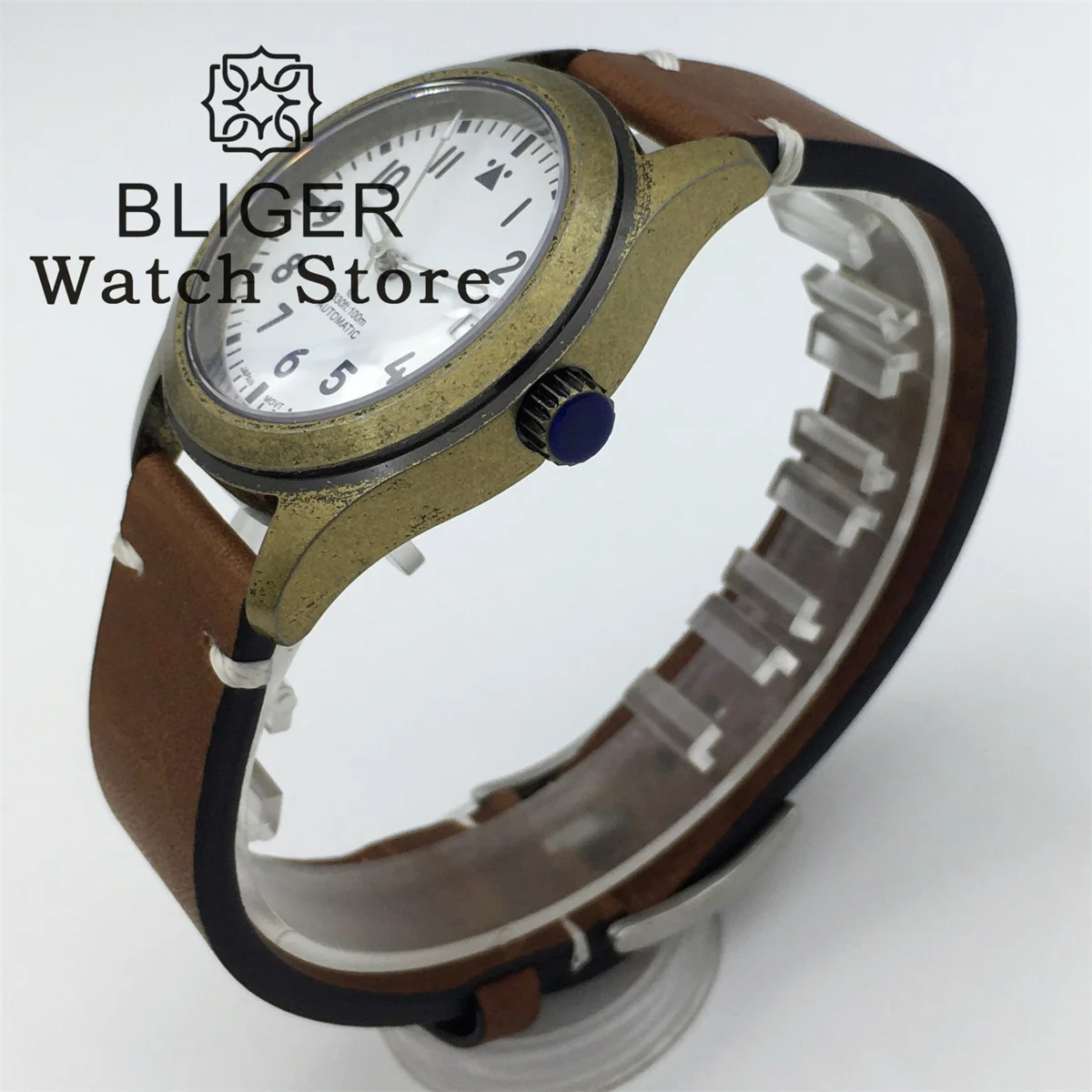 BLIGER 36mm 39mm Bronze Dome Sapphire Glass Diver Brushed Pilot Watch For Men Ladies NH35A PT5000 Sapphire Glass Leather Luminou