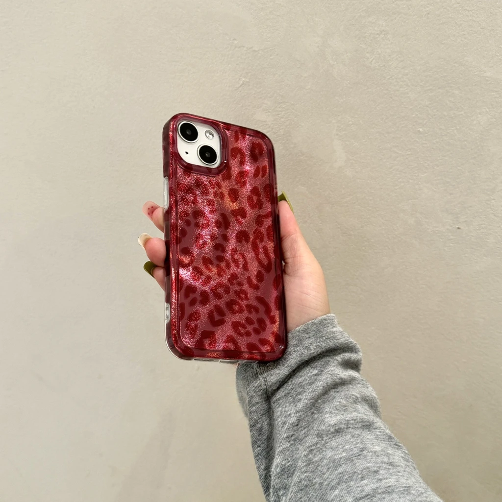 Retro Illusory Color Red Leopard Print Glitter Shockproof Protective Phone Cover Case for iPhone 16 15 14 13 12 Pro Max