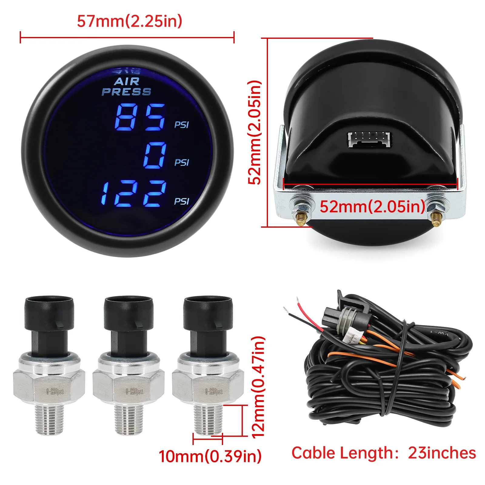 A Triple Dual Display Air Pressure Guage LED Digital Air Suspension Gauge 0-220PSI with 3pcs/2pcs 1/8NPT Sensors For Car Gauge