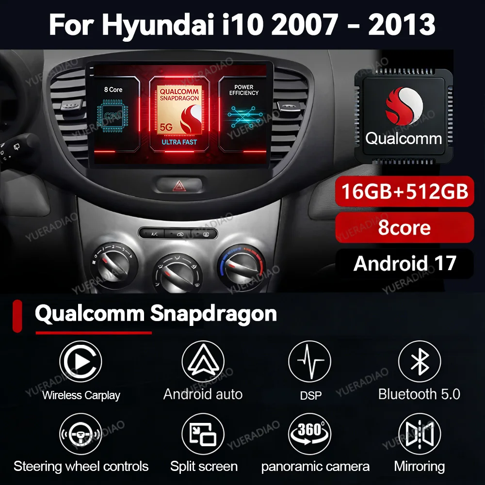Android 17 Car Radio For Hyundai I10 2007 2008 2009 2010 - 2013 SWC Backup Camera Carplay Multimedia Central Head Unit GPS NAVI