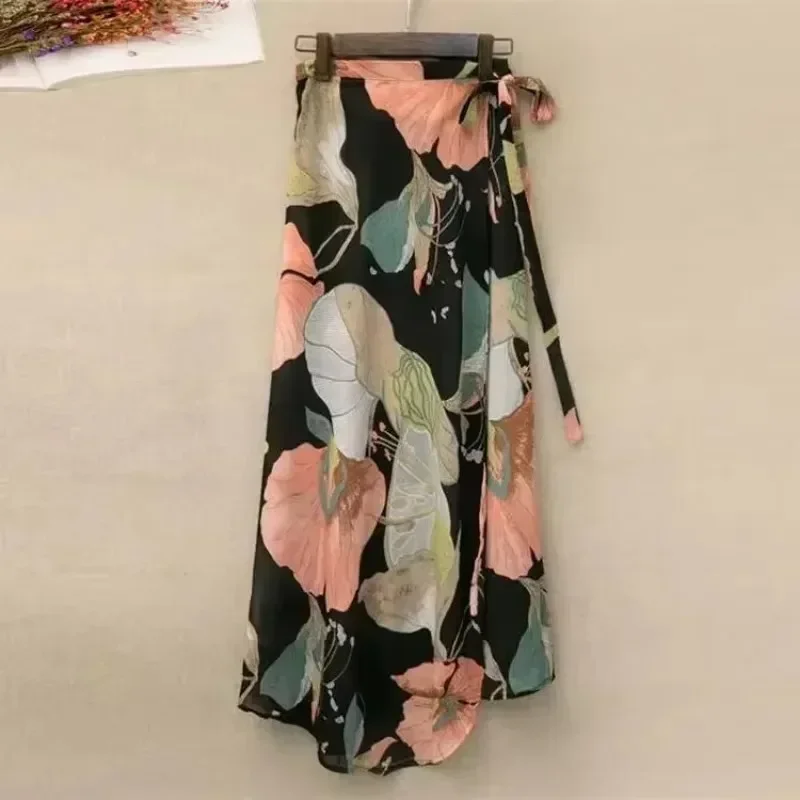 Women Summer Beach Floral Cotton High Waist Wrap Maxi Skirt Long with Side Slit Tie Detail Boho