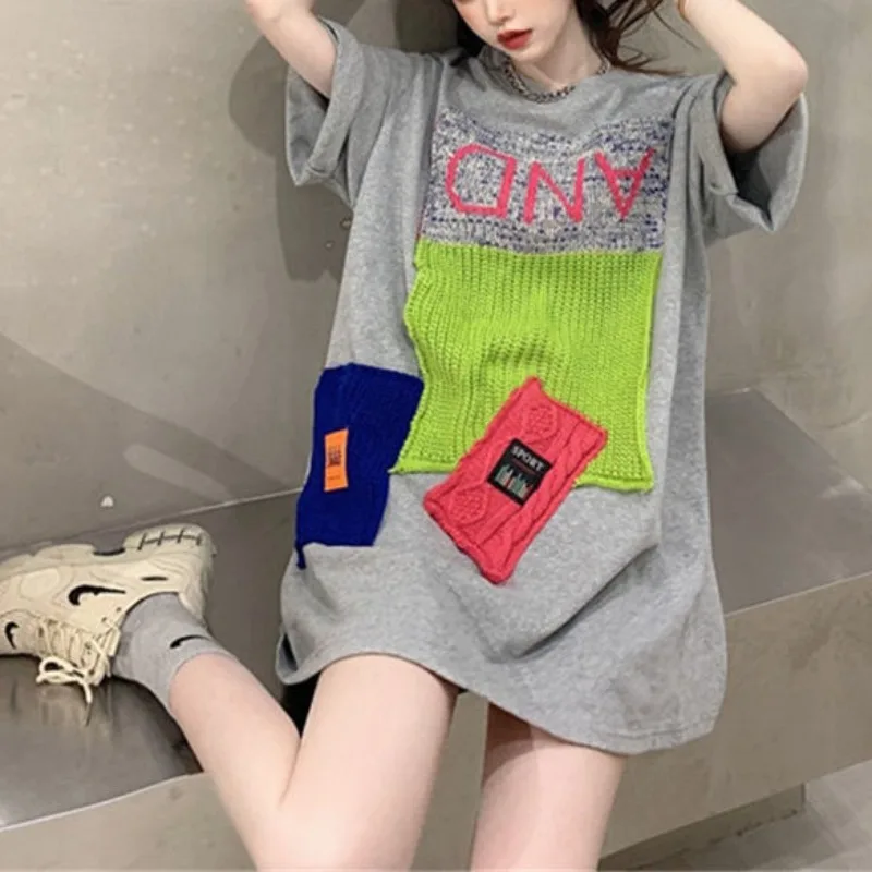 

Summer New Korean Minimalist Commute Crew Neck Short Sleeve Patchwork Epaulet Embroidery Letter Midi Loose Women's T-shirts Tops