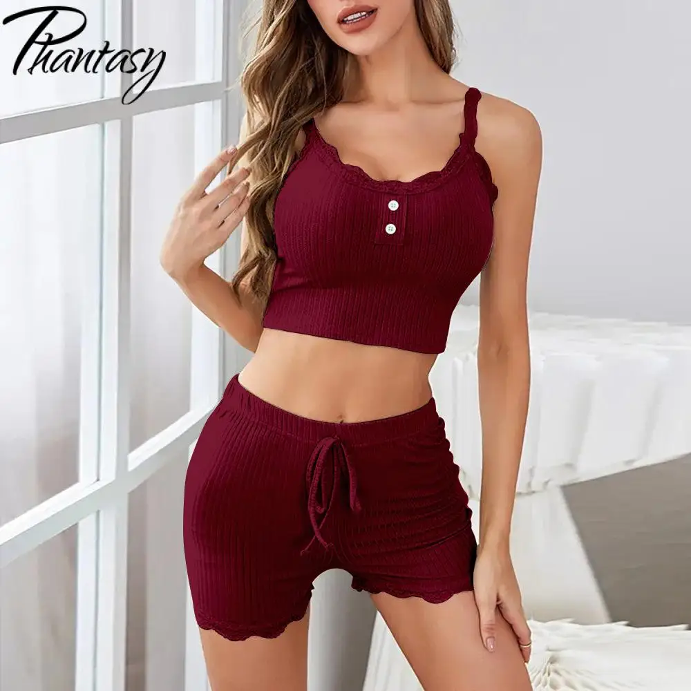 

Phantasy Women Red Lace Trimmed Vest Casual Sleepwear Set Sexy Home Outfit Sleeveless Top Shorts Pajamas Summer Women Clothing