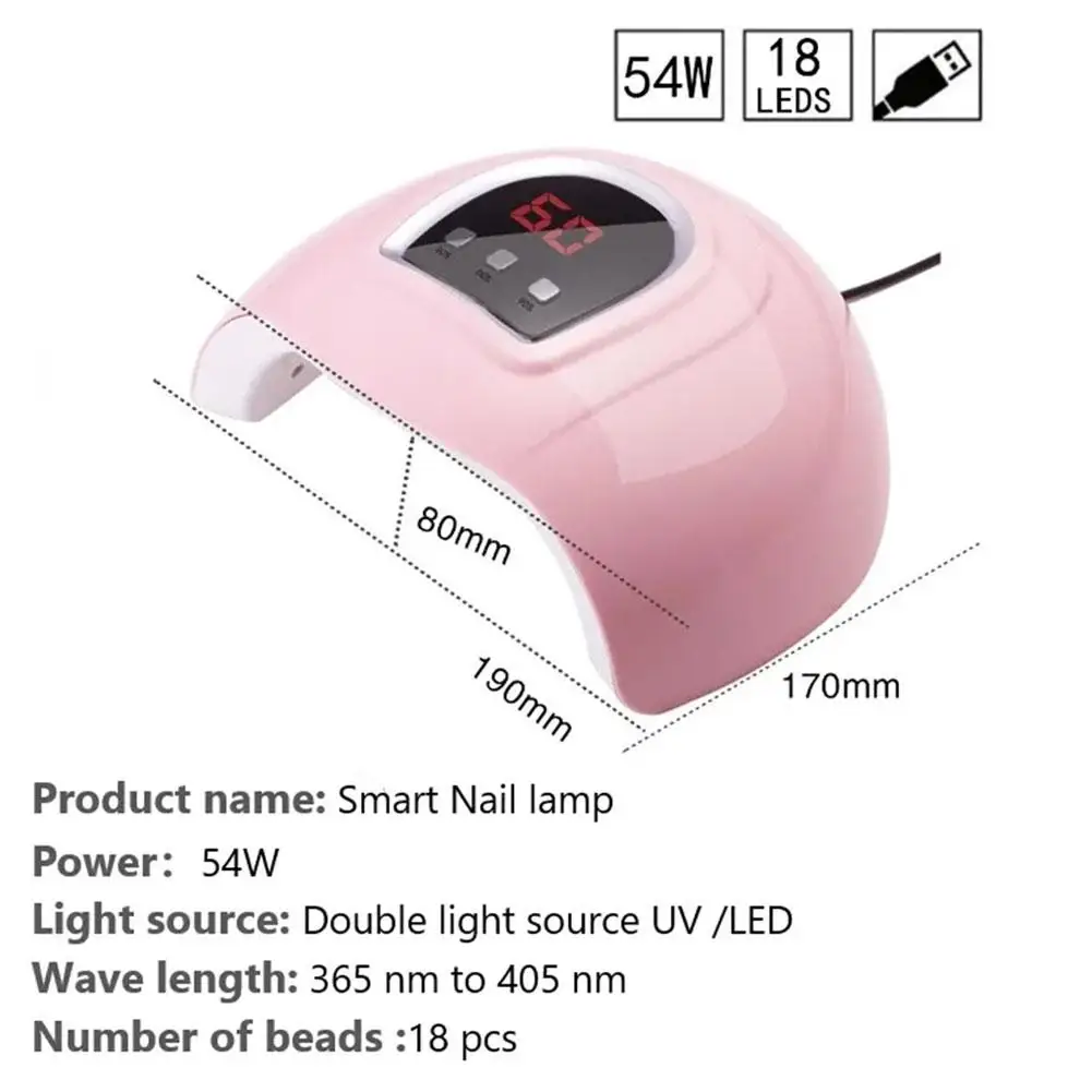 Sèche-ongles avec câble USB, lampe UV LED, lampe à usage domestique pour sécher le vernis, 18 sources touristiques, 54W
