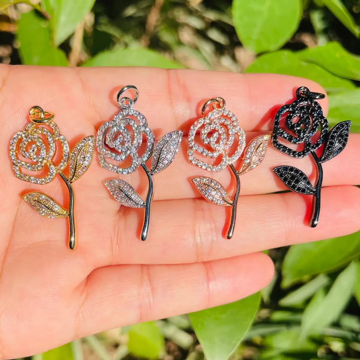 

5pcs Sparkle Rose Flower Charms Pendant for Bracelet Making Women Necklace Bling Cubic Zirconia Pave Jewelry Accessory Wholesale