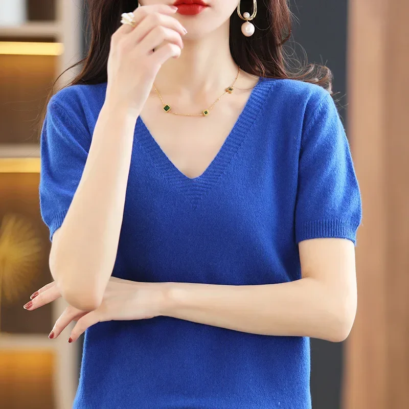 Spring Summer Women Sweater Knit Tshirts V-neck Short Sleeve Knitwears Korean Fashion Pullovers Solid Bottoming Shirt Jumper