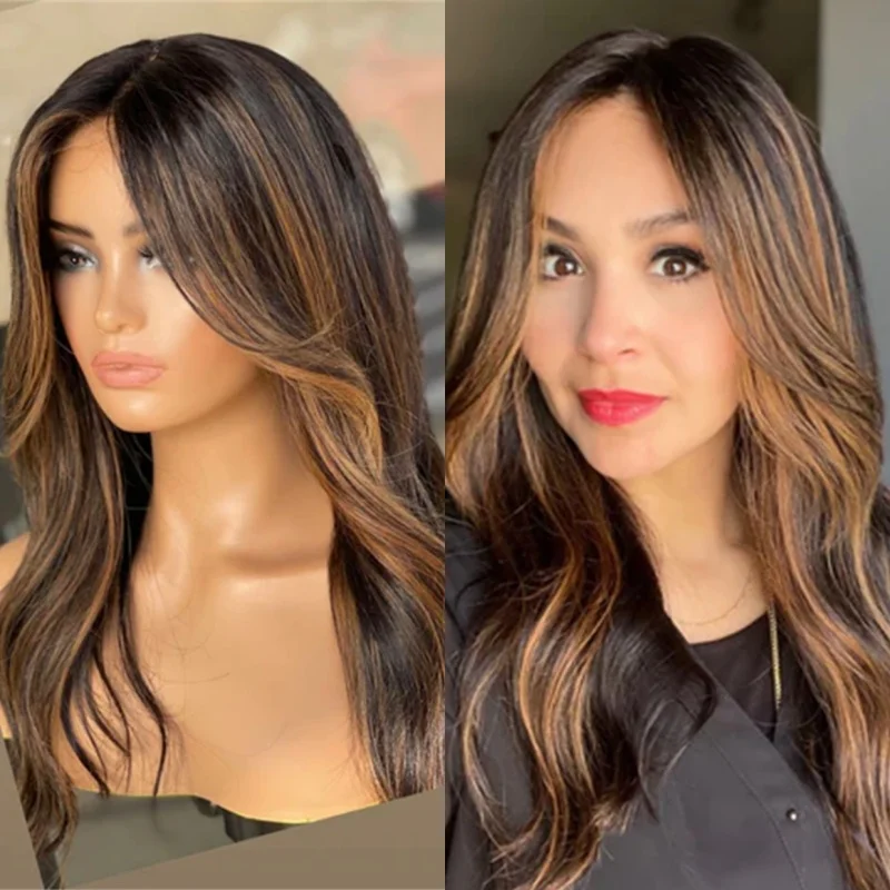 High Temperature Fiber Wig Ombre Honey Brown Balayage Luxury Synthetic Lace Front Wig Elastic Hair Preplucked Hairline 18 Inch
