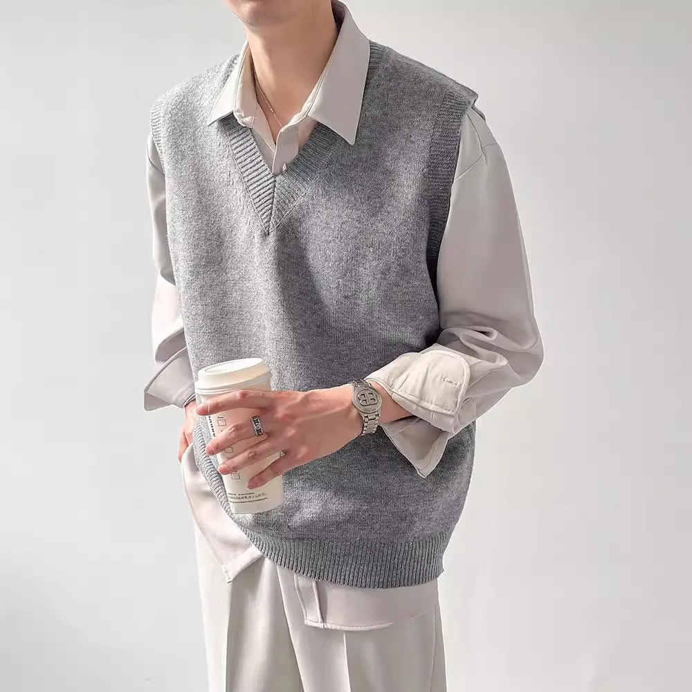 Men's Vintage Loose Warm Comfortable Base Knitted Sweater Vest Sleeveless Inner Layer Pullover V-Neck Jumpers