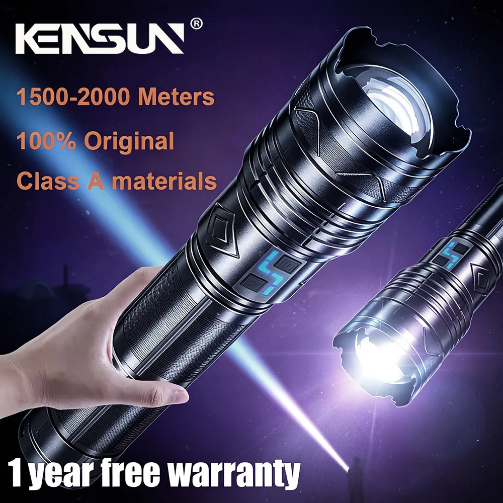 Powerful LED Flashlight Super Bright Spotlight Long Range Zoomable Emergency Torch Outdoor Tactical Lamp Lantern Power Display