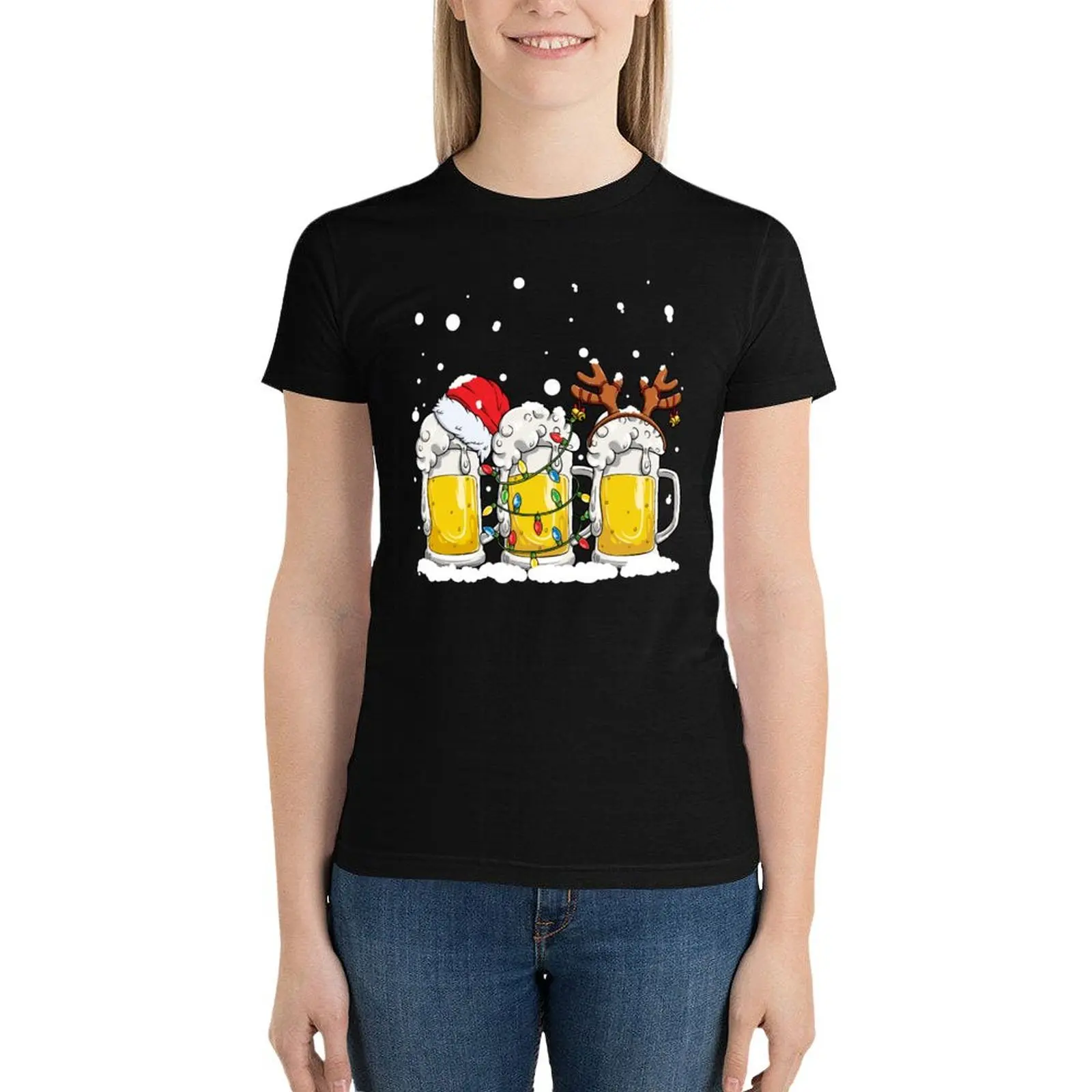 

Beer Christmas shirt Mug Santa Reinbeer Xmas lights Men Gift T-Shirt Blouse Female clothing tops t shirts for Women graphic