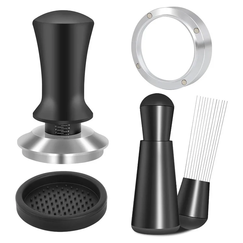 4-Piece 304 Steel Espresso Set - Adjustable Scale Tamper, Press Distributor & Stirrer with Tamping Mat for Barista barista
