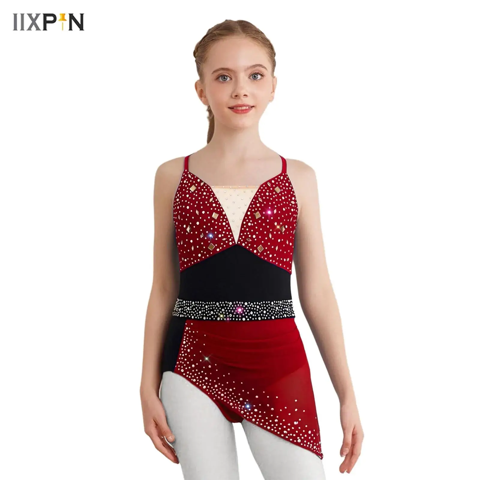 

Kids Girls Lyrical Dance Leotard Dress Figure Skating Costume Spaghetti Straps Shiny Rhinestones Ruched Asymmetrical Mesh Dress