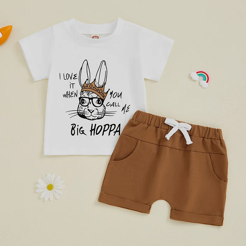 

2025-02-06 Lioraitiin Пасхальная одежда для маленьких мальчиков, футболка с короткими рукавами и вышивкой кролика + шорты, комплект одежды