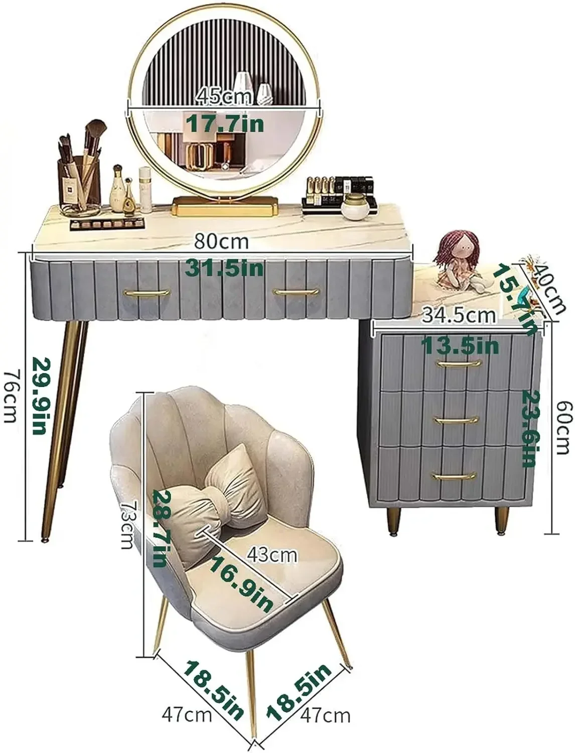 Vanity Set - Makeup Vanity Table with 5 Drawers & 3-Color LED Adjustable 360°Rotating Mirror, Luxury Dressing Table