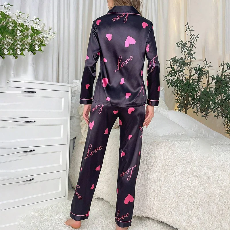 Heart Print Pajama For Women Satin Lounge Set Autumn Luxurious Lapel Collar Long Sleeve Top &Pants Sleepwear Home Clothes Pyjama