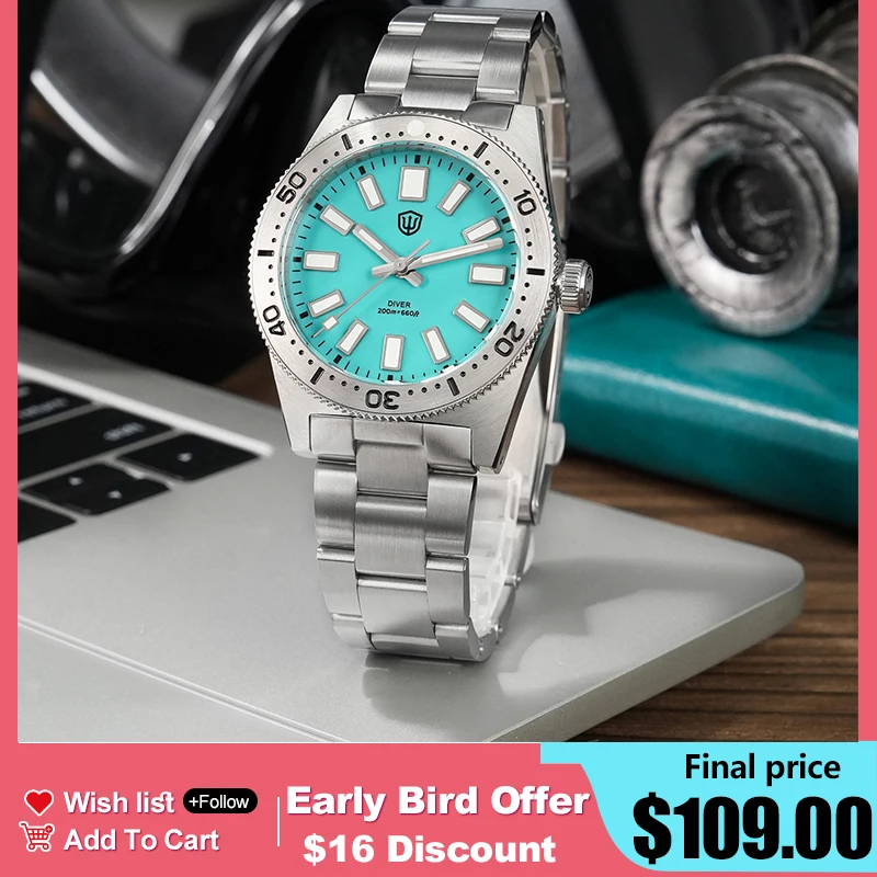 Watchdives WD1965 V2 38mm VH31 62MAS Dive Watch Sweep Quartz Movement Coral Blue Dail Sapphire Stainless Steel Men Watch