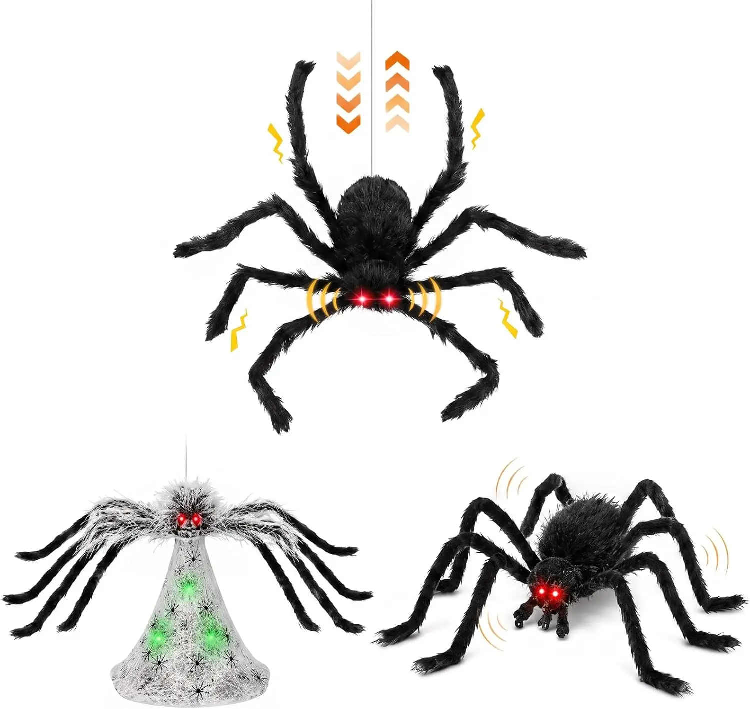 Halloween Animatronic Spider Decorations, 34-Inch, Set of 3, Jumping, Wriggling, and Climbing