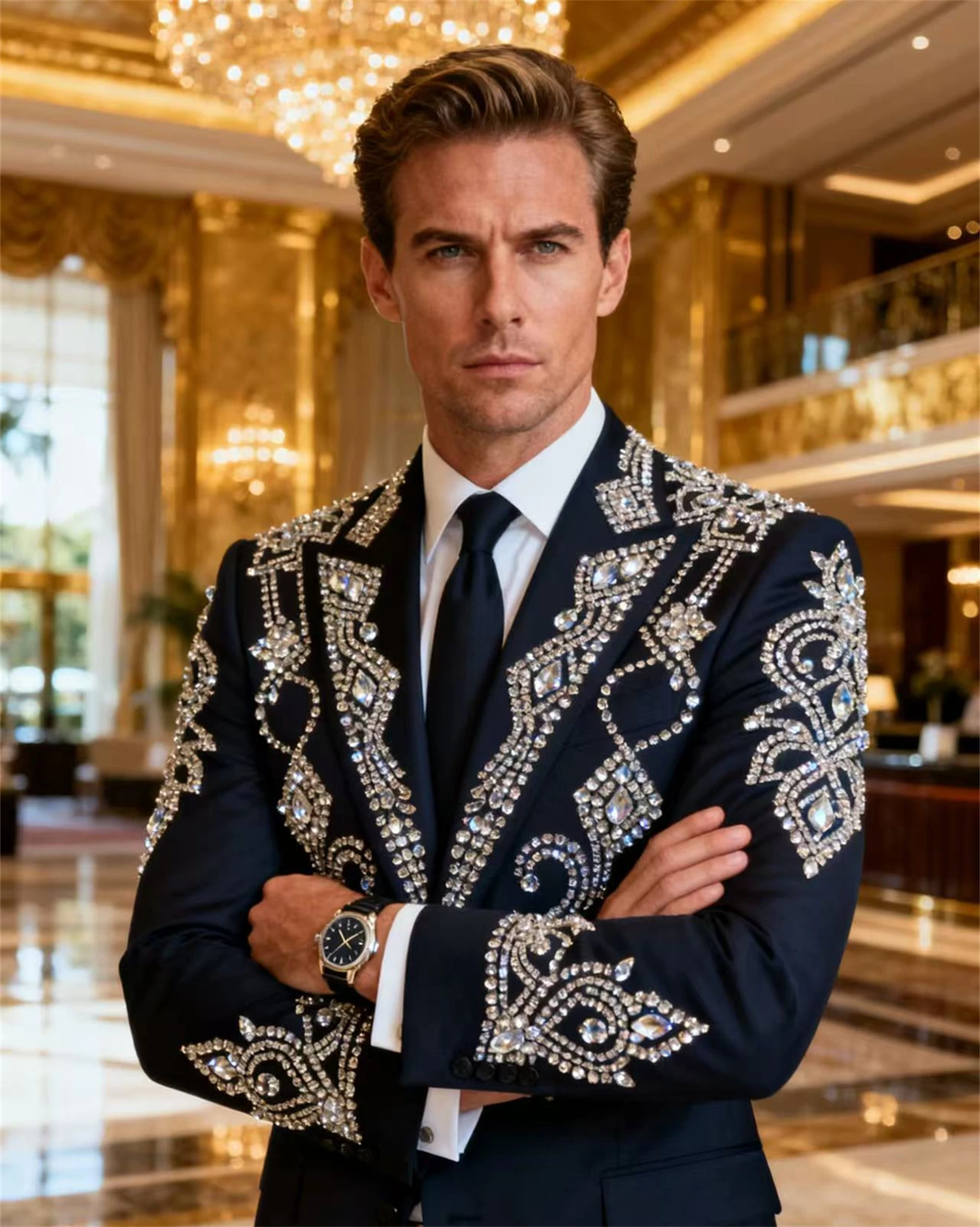 

Роскошные мужские костюмы, комплекты из 2 предметов, мужской пиджак для выпускного вечера, индивидуальный приталенный Ropa Hombre, блестящие смокинги для жениха со стразами и бисером