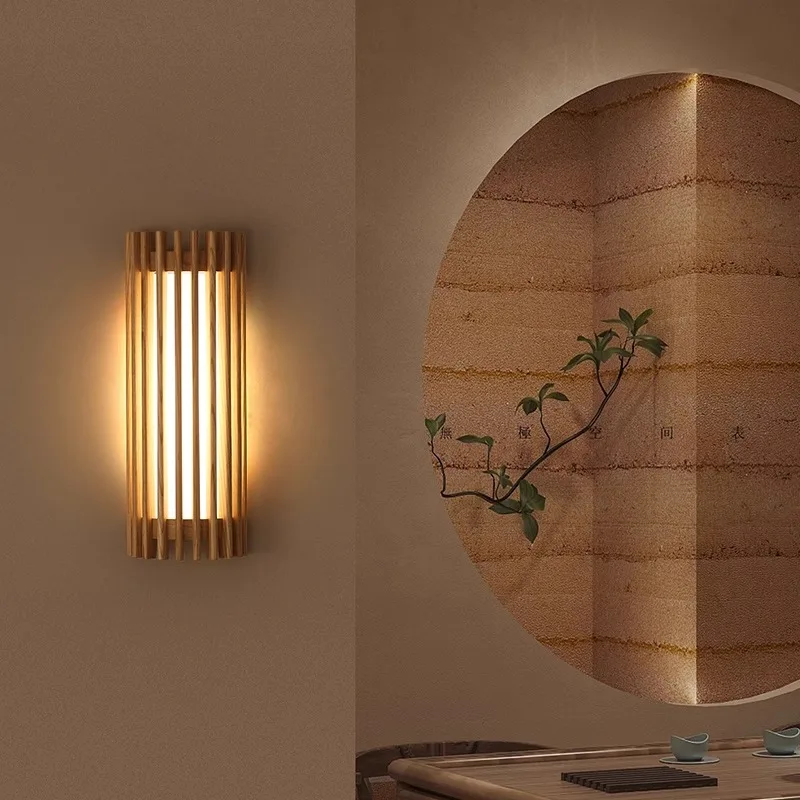 Imagem -04 - Wabi-sabi Estilo Walnut Wood Grid Wall Sconce Lights Simples Luzes Modernas para Quarto Cabeceira Sala de Jantar Corredor