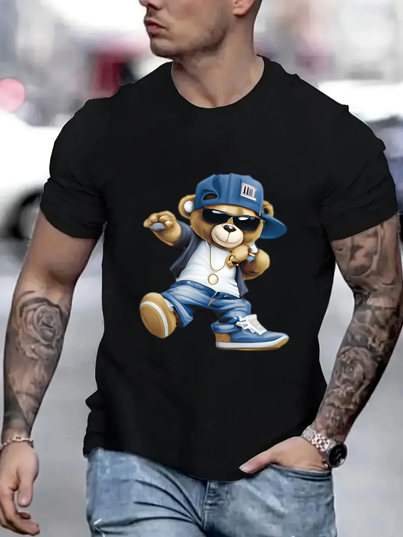 

Men's Summer 100 Cotton Fashionable Casual Sports Loose Large Cartoon Cool Bear Pattern Printed Round Neck Short Sleeve T-shirt