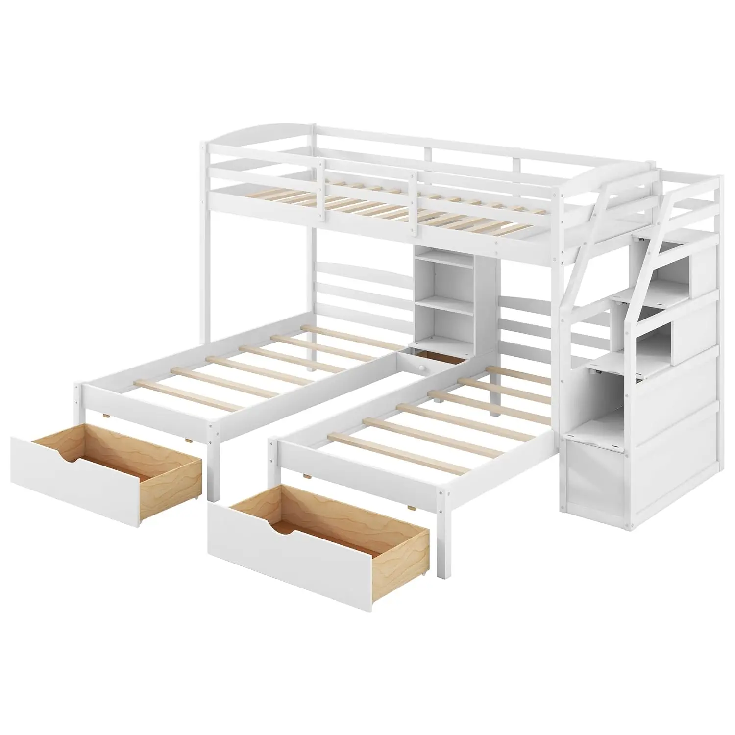 

Triple Bunk Bed Twin Over Twin Over Twin Wood Frame with Storage Stairs Drawers Kids Bedroom