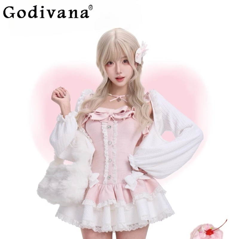 

White Knitted Cardigan Pink Dress Bubble Pants Three Pieces Set Women Velvet Lolita Outfits Female Japanese Style Dress Suit