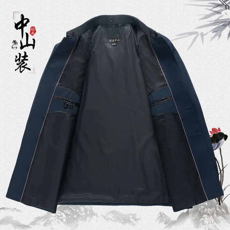 Men Sun Yat-sen Suit Zhongshan Uniform Dark Blue Mao Suit Set Hidden Pockets Design Outfits Contemporary Tunic Twinset Attire