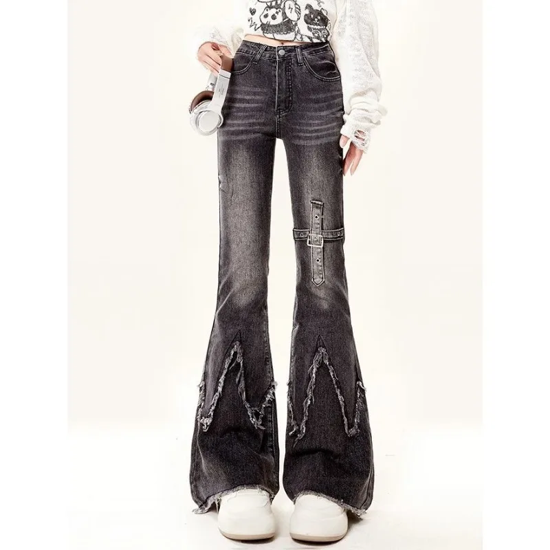 Vintage Amerikaanse zwart gewassen Street Spice Girls Y2k broek dames trendy ontwerp veelzijdige slim fit hoog getailleerde uitlopende jeans