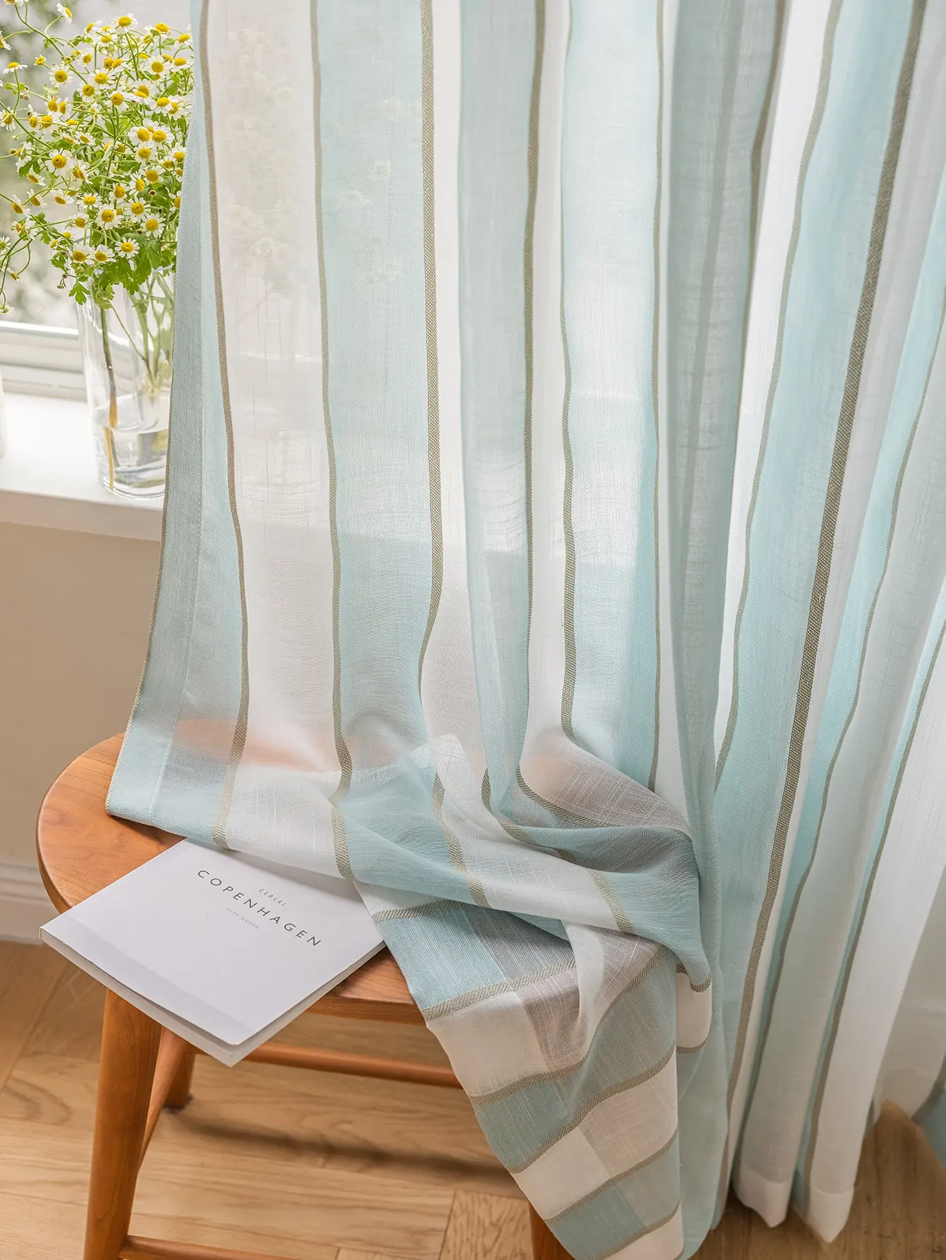 Hot Selling Vintage Blue And White Strip Sheer Curtain for Bedroom Living Room All-season